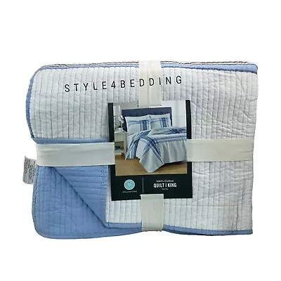 Martha Stewart Engineered Plaid Cotton Reversible KING Quilt Blue / White - NEW • $80.96