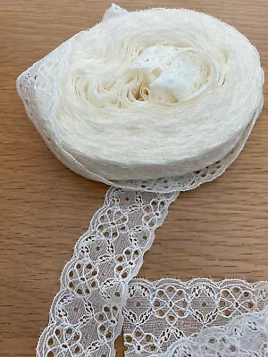 PART  ROLL Lot Of Metres Of Cream Polyester Lace 37mm Wide Slight Stretch • £1.99