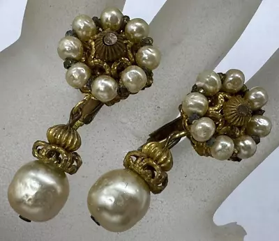 Vintage Estate Early Miriam Haskell Signed Faux Pearl Drop Gold Tone Earrings • $49.99