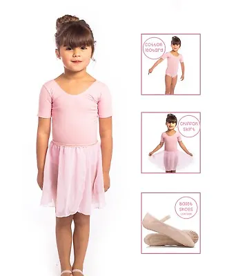 £21.50 • Buy BALLET SET - Girls Pink Short Sleeved Leotard, Skirt & Leather Ballet Shoes NEW