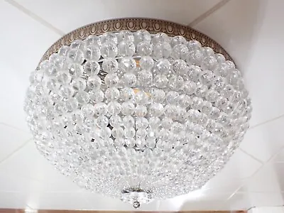 Vintage Italian Plafonnier Crystal Beaded Basket Chandelier Flush Mount Dome • $525