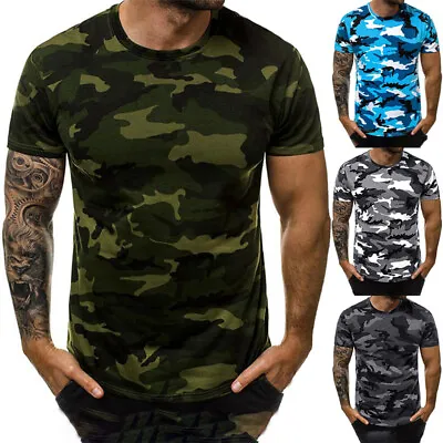 £10.22 • Buy Mens Short Sleeve Camouflage T Shirt Tops Casual Camo Fitness Muscle Gym Tunic