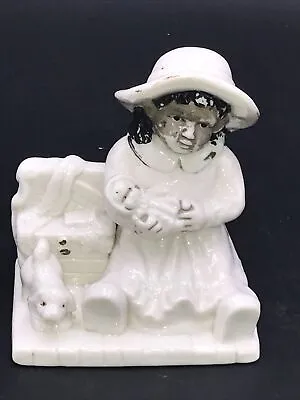 Vintage Girl With Doll And Dog By Chest Solid High Gloss Ceramic. 4”x3.5” RARE. • $39