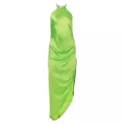 Retrofete Lime Punch Green Satin Maria Crystal Halter Maxi Dress Gown Large • $115