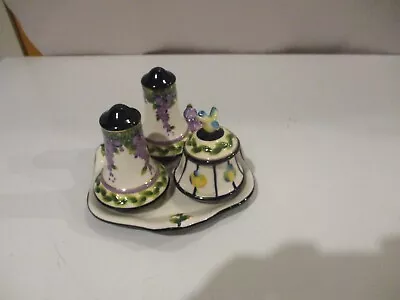 Blue Sky Clayworks J McCall Condiment Set Sugarbowl Salt Pepper Plate Signed • $35.99