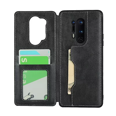 For OnePlus 8 8 Pro Black Genuine Leather Card Slot Wallet Flip Case Cover Stand • $14.95