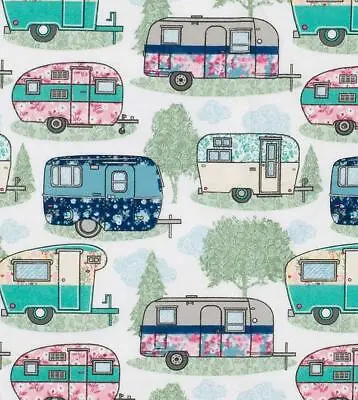 Retro Camper Flannel Fabric A E Nathan Comfy Prints 15313 White Vintage Travel • $10