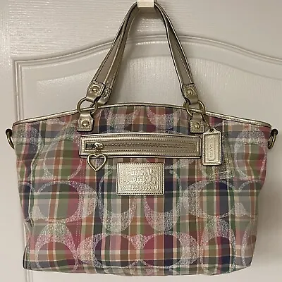 COACH Pink Blue & Green Madras Poppy LG Tote Handbag F23369 • $95