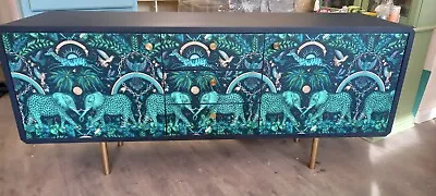 Midcentury Modern Sideboard Navy Teal Elephant Print Upcycled Painted Furniture. • £525