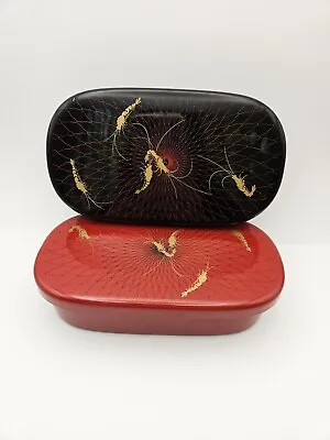 Japanese Lacquer-ware 7  Bento Box Set Of 2 Red & Black Shrimp Stacking Inserts • $34.95