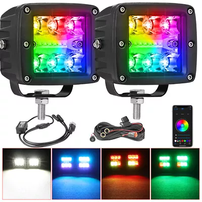 2x 3  LED Cube Pods Lights RGB Halo Color Changing Chasing Bluetooth +Wiring Kit • $68.99