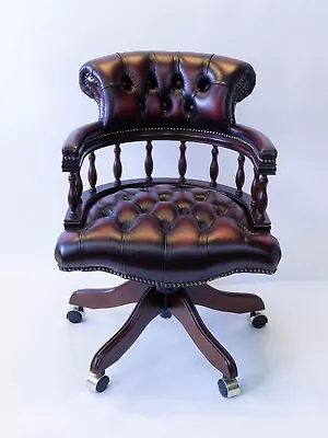 Traditional Leather Captain Desk Chair In Mahogany Finish - Antique Oxblood/Red • £628