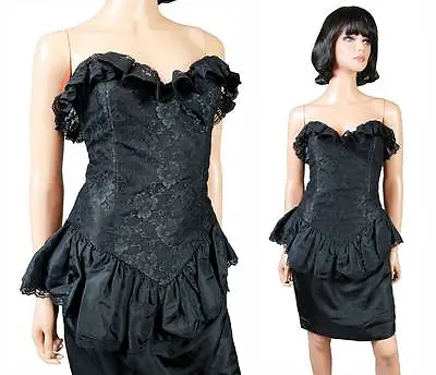 80s Prom Dress Jr XS Vintage Strapless Black Lace Peplum Short Mini Gown Costume • $95
