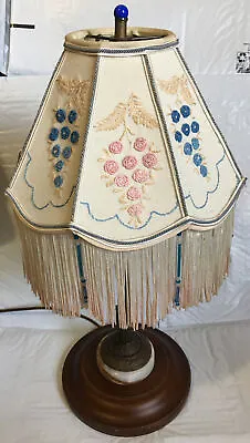 Vtg Brass Onyx Lamp + Paneled Octagon Shade Embroidered Flowers Beaded Fringe • $129.95