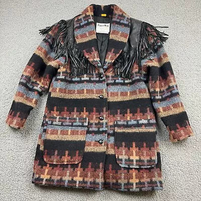 Vintage Pioneer Wear Coat Womens 8 Aztec Western Fringe Wool Leather Made In USA • $149.89