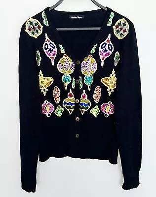 MICHAEL SIMON Cardigan Sweater CHRISTMAS ORNAMENTS Sequin Embroidered Colorful M • $54.99