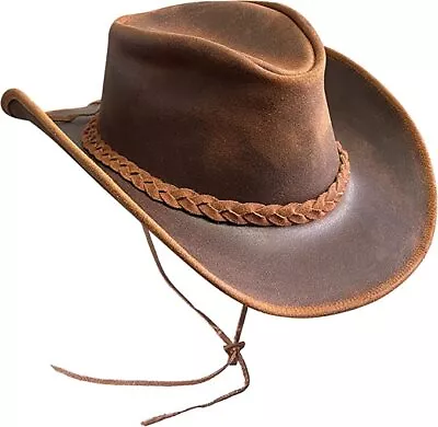 Men's Cowboy Hat Real Leather Aussie Style Western Bush Crazy Horse Hat • £22.99