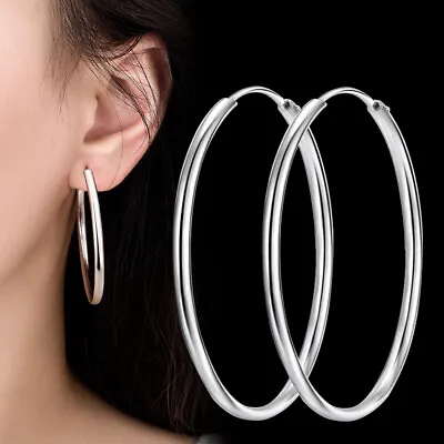 925 Sterling Silver Round Circle Hoop Earrings Womens Fashion Jewelry 3/4/5/6CM • $5.99