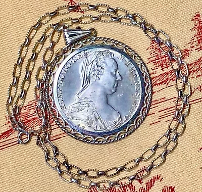 Austria Hungry Silver Thaler Coin Maria Theresa W Filagree Rope Bail & Chain 22  • $189.95