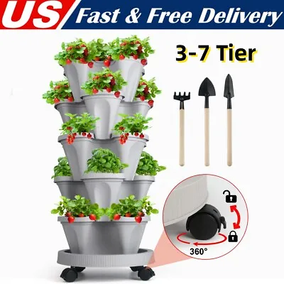 3-7 Tier Stackable Planters Vertical Planter Flower Pot With 360° Wheels & Tools • $39.86