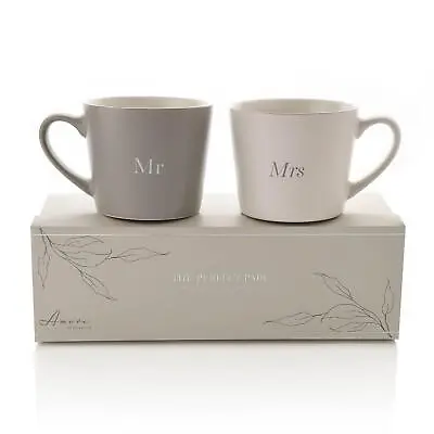  Mr & Mrs Mugs Set Of 2 Stonewear Grey & White Amore Wedding Present Gift • £13.98