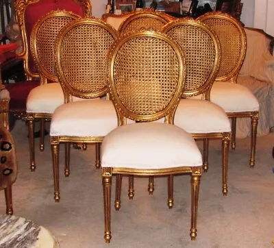 6 Gilded Louis XVI Vintage Cane Dining Chairs • $3200