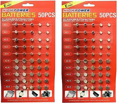 100 Assorted Button Cell Watch Battery Batteries Ag 1 / 3 / 4 / 10 / 12 / 13 Uk • £3.99