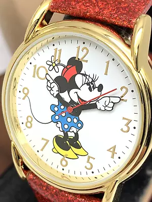 Disney Women's Watch Minnie Mouse Quartz 35mm Gold Red Leather Strap WDS000412 • $29.67