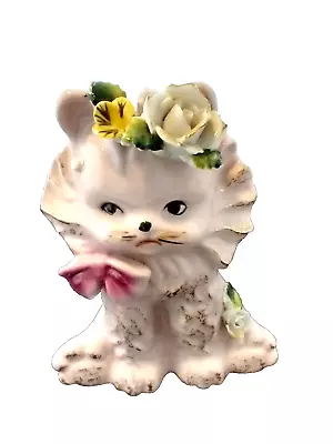 Vintage Pink Kitten W/Bowtie & Flowers Spill Vase Marked Japan & N • $17.99