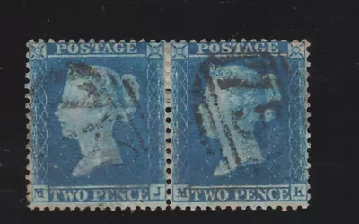 GB QV 1855 SG34 Pair 2d Blue LC P14 MJ-MK 75? Numeral Well Centres And Sound • £30