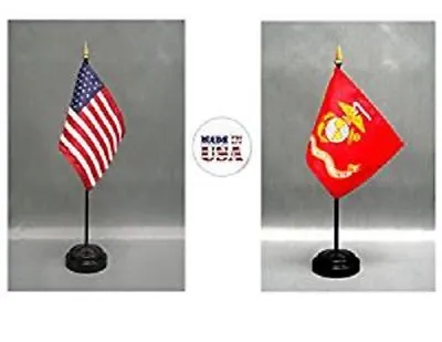 USA + Marine Corps 4 X6  Miniature Desk & Table Flag W/ Black Base (Made In USA) • $12.88