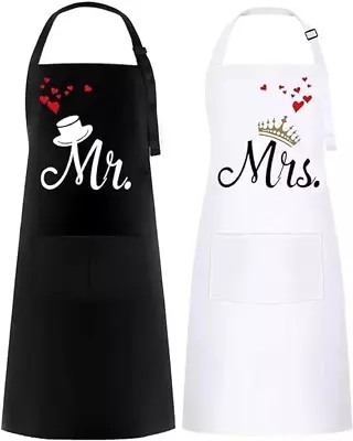 2 Pcs Mr & Mrs Couple Aprons Set Cooking Aprons For Women And Men Adjustable • £17.80
