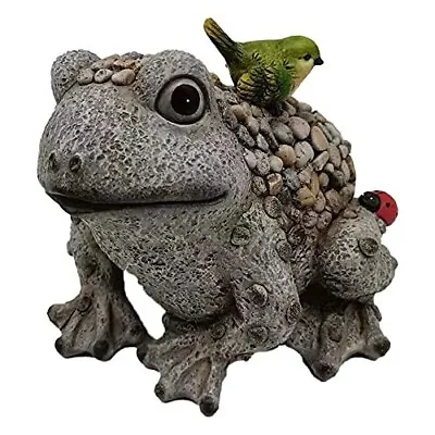 22cm Frog Grey Lawn Statue - Garden Patio Ornament With Ladybird & Bird • £27.99