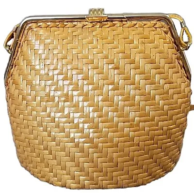 Vintage RODO Wicker Yellow Straw Woven ITALY Purse Bag Metal Lock Shoulder Strap • $50