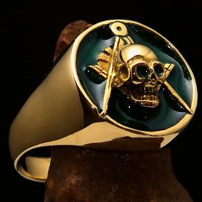 Ancient Mens Masonic Skull Brass Biker Ring Square Compasses Green Size 12 • $24
