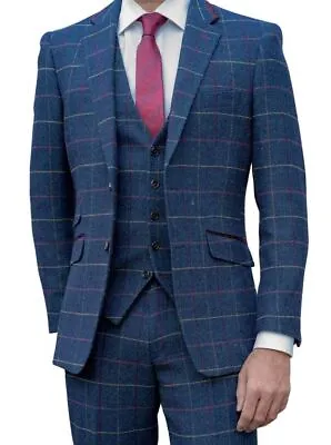 Blue Plaid Men Suit Wool Herringbone Tweed  Vintage Check Prom Groom Tuxedo Suit • $102.82