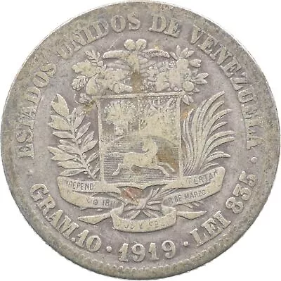 SILVER - WORLD COIN - 1919 Venezuela 2 Bolivares - World Silver Coin *952 • $3.35