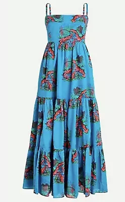 NWT J Crew Sz 2 Tiered Maxi Dress Lobster Print Maxidress Ultramarine Red JC- • $149.95