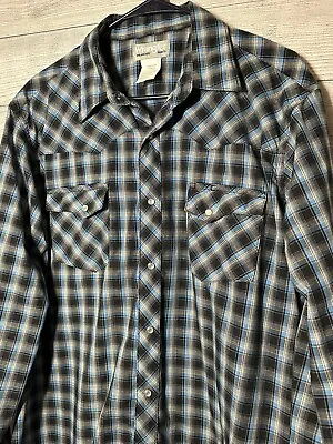 Mens Wrangler Wrancher Long Sleeve Pearl Snap Blue Black Size XL Cowboy • $12.55