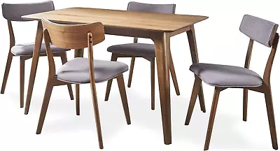 Megann Mid-Century Wood Dining Set With Fabric Chairs 5-Pcs Set Natural Walnut • $574.99