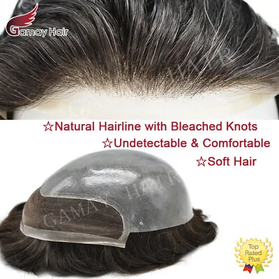 Mens Toupee French Lace Front Hairpieces Poly Skin PU Human Hair Systems For Men • $217.55