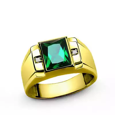 10k Yellow Gold Men's Ring With Green Emerald And Genuine Diamonds • £505.89