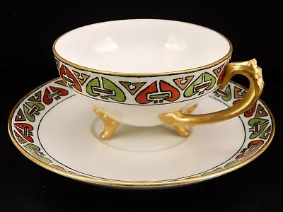 Art Deco 3-Footed Tea Cup Offset Handle Matching Saucer Red Green Gold Trim • $24.95