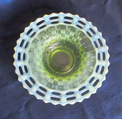 Vintage Fenton Basket Weave Uranium Vaseline Yellow Opalescent Glass Candy Dish • $45