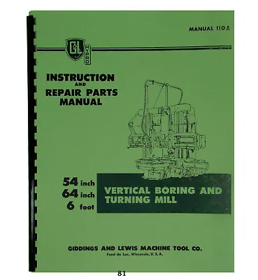 Giddings & Lewis Instruction &  Parts Manual Vertical Boring & Turning Mill #81 • $55