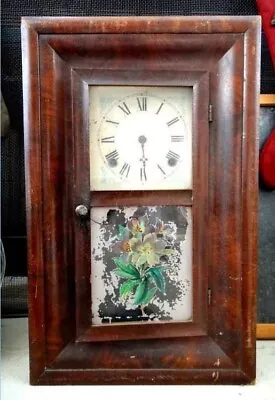 Antique WELCH OG CLOCK Reverse Paint Floral FORESTVILLE CT Wood+key+pendulum • $145