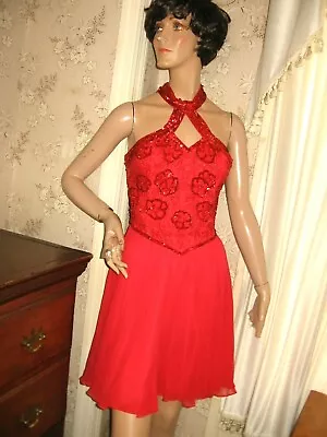 Beautiful Vintage 100% Red Silk/beaded Sequin Halter Cocktail Dress - Nadine-10 • $24.95