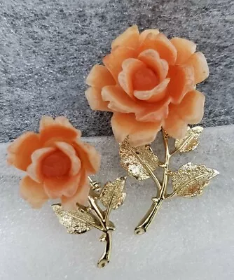 Vintage Unsigned Pair Carved Resin Light Orange Coral Hues Rose Brooch Pin Set • $22.95