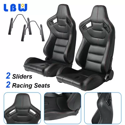 1Pair Black Faux Leather + Orange String Car Racing Seats Reclinable W/2 Slides • $400.11