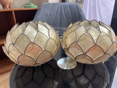 Pair Vintage Capiz Shell Artichoke Pendant Lamp Shade Mid Century Boho Tiki • £45